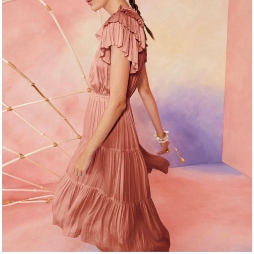 Ulla Johnson Blaire Dress Copper Plisse Satin Ruffle Tiered Midi Womens Size 8 - Picture 2 of 12